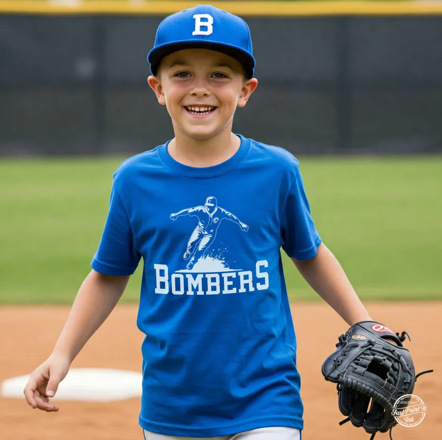 Young player in a royal blue Bombers tee at the ballfield