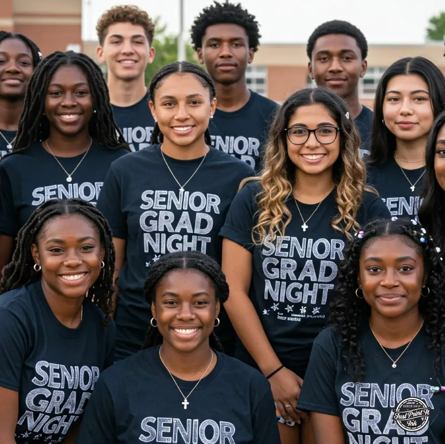 Seniors in matching Senior Grad Night shirts outside their school