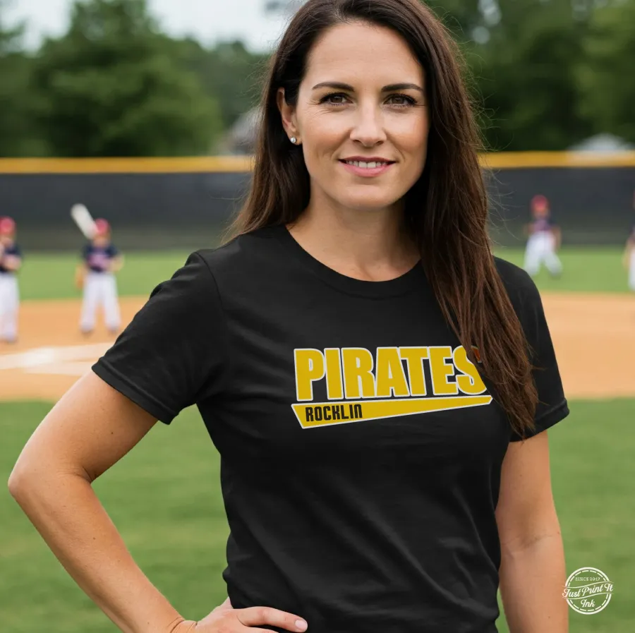 Team mom in a black Rocklin Pirates tee at the little league field
