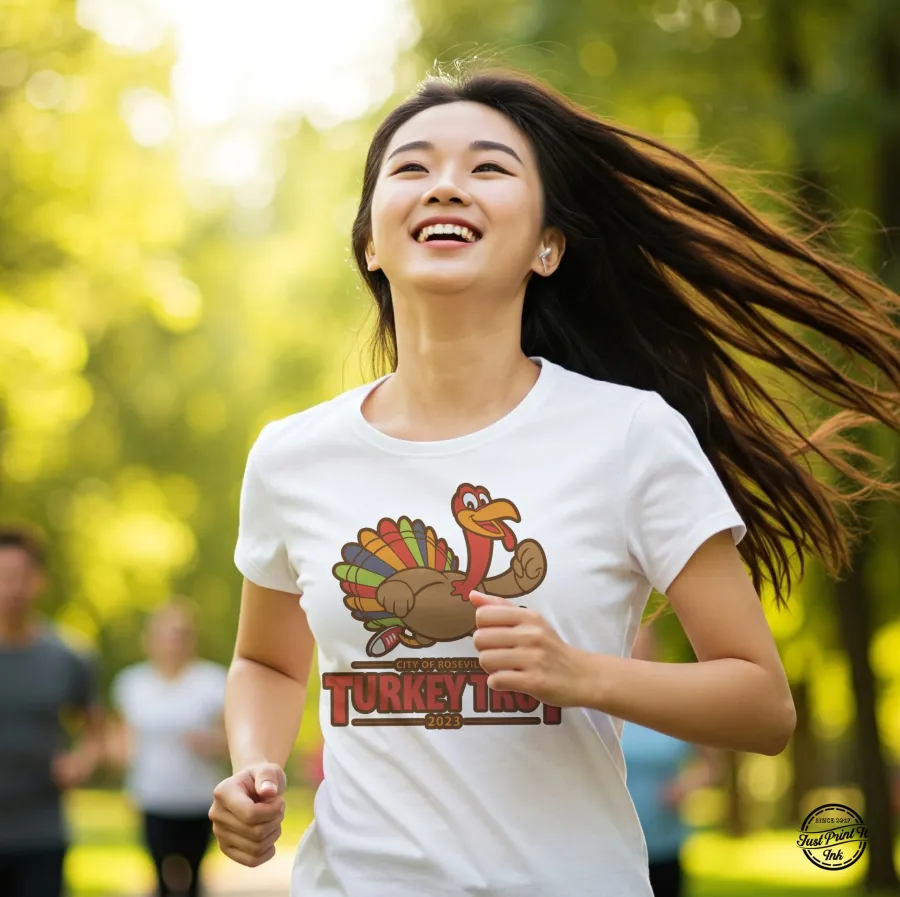 Runner in a City of Roseville Turkey Trot event tee