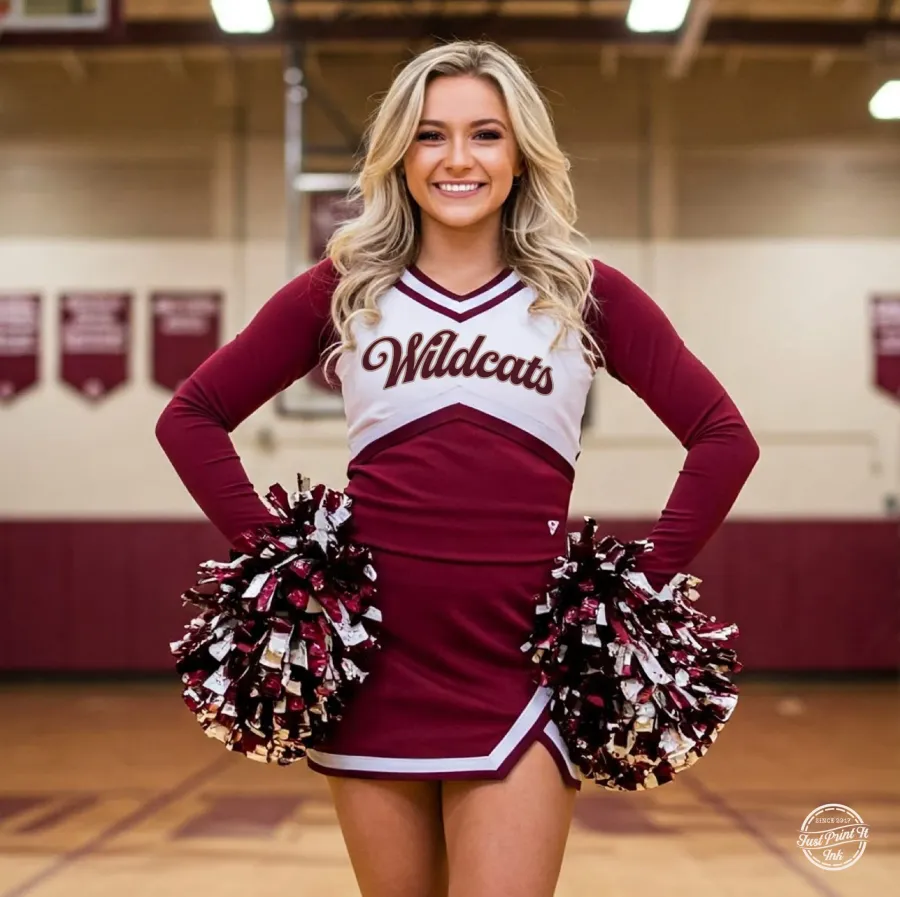Cheerleader in a maroon Wildcats uniform in the gym